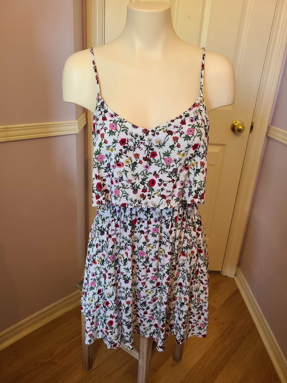 H&M White Floral Mini Dress with Pink and Red Flowers